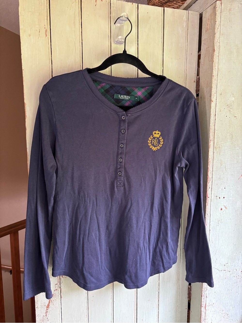 Ralph Lauren Navy Long-Sleeve Henley with Gold Crest Emblem
